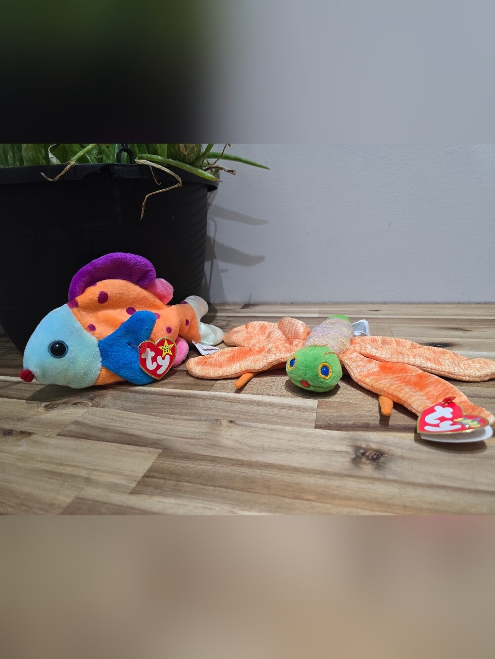 Ty Beanie Babies Multicolor Fish and Orange Dragonfly Plush Set